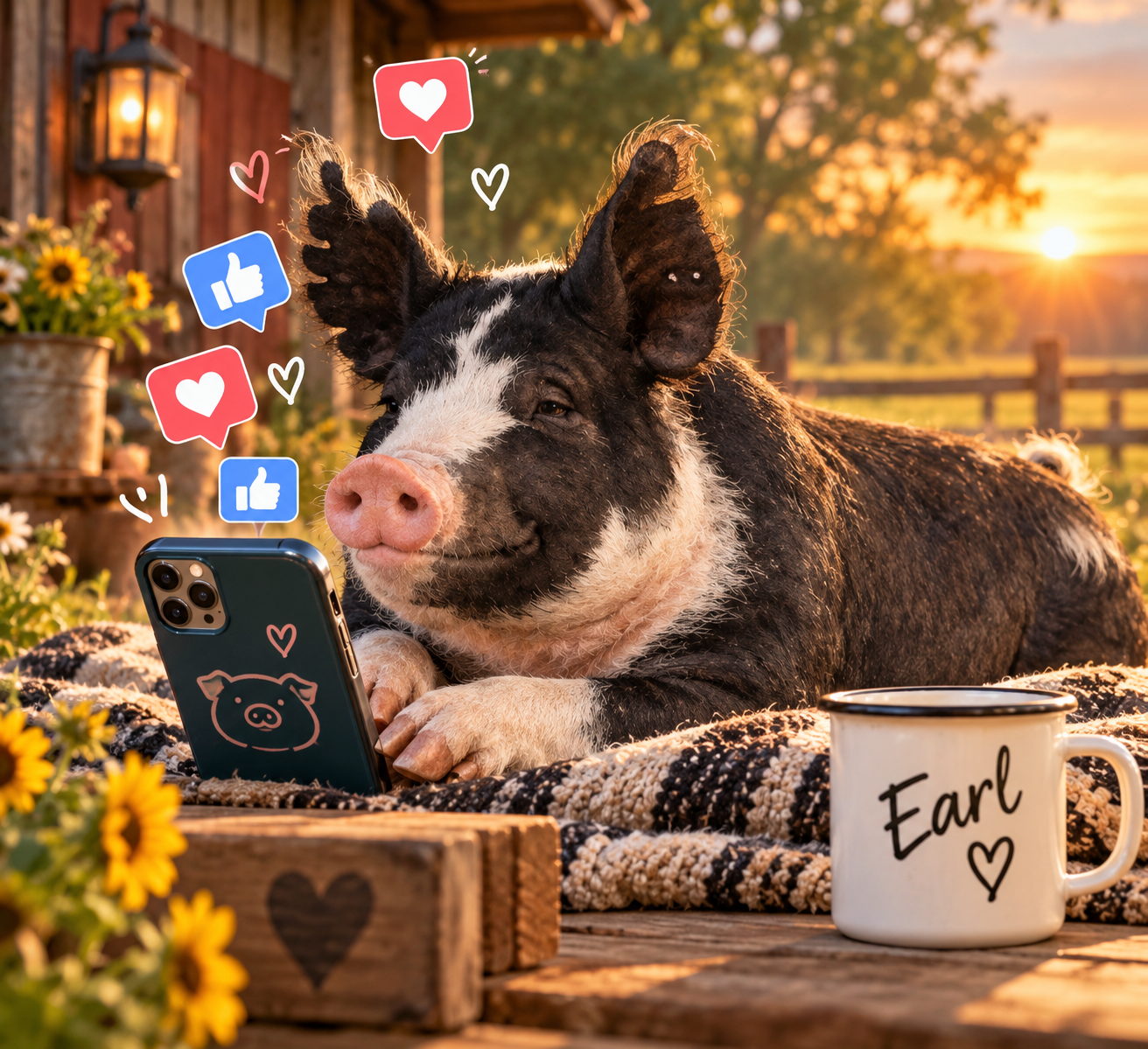 Earl the pig scrolling social media on a farm at sunset
